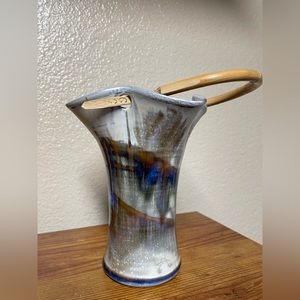 Glazed Ceramic Brown, Blue, Tan, Wooden Handle Decorative Signed Dudley Vase